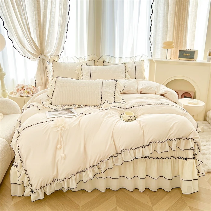 纯棉A床上类全棉四件套床品双面花边被套床盖床裙小清新纯色