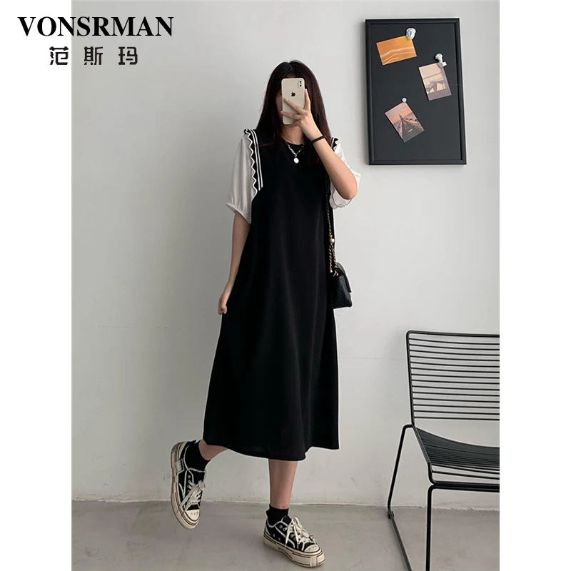 VONSRMAN法式气质拼接假两件连衣裙女夏季新款大码宽松显瘦小黑裙