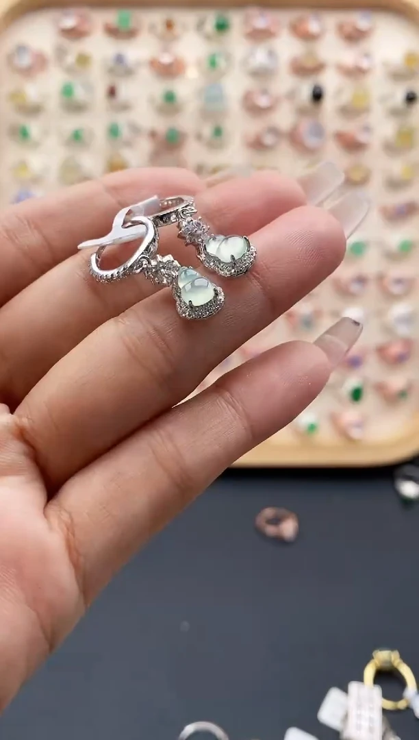 【闪购商品】翡翠耳饰银S925镶嵌缅甸天然A货翡翠111 1+7