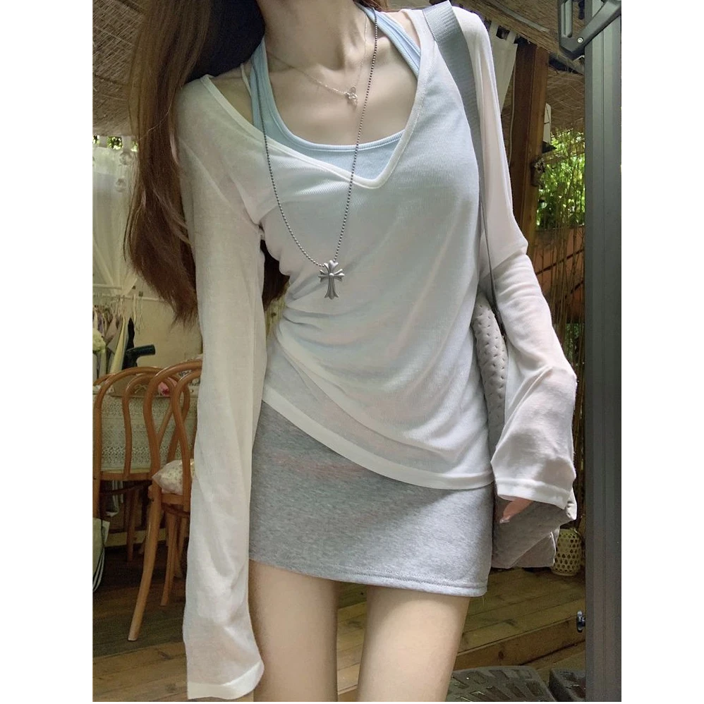 2025春夏夏季V领防晒长袖T恤修身显瘦挂脖吊带背心女纯欲两件套