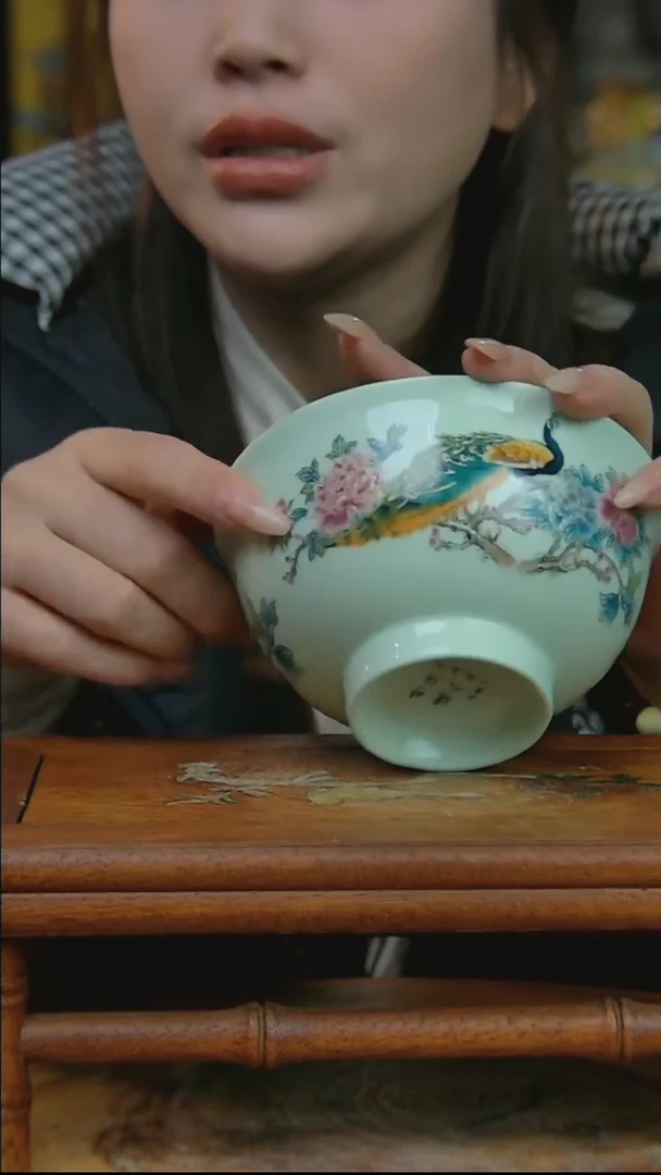 摆件陶绿稀土孔雀米饭碗