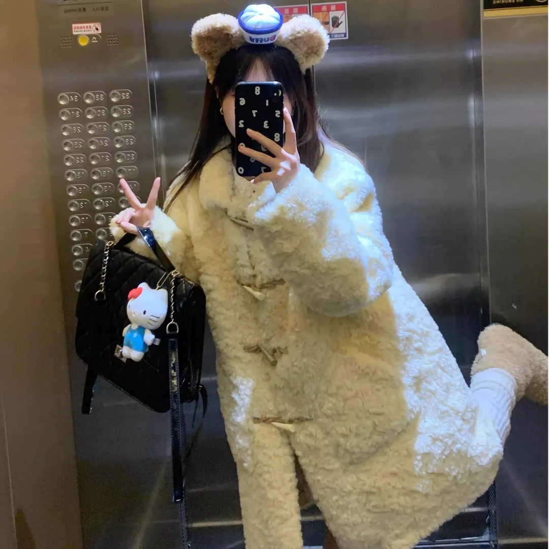 嗨嗨干杯 芒果舒芙蕾 韩系秋冬软糯毛毛环保中长撞色牛角扣外套女