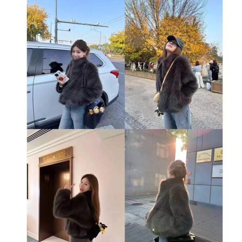 乌木檀棕‘白月光’纯净版百搭不腻净版皮毛一体立领毛毛外套女高级