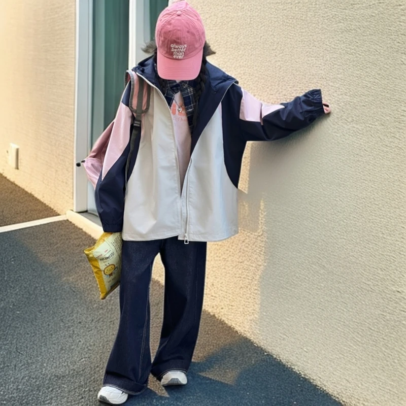 女童外套8-16岁洋气上衣三色拼接夹克冲锋衣套潮酷痞帅童装T230
