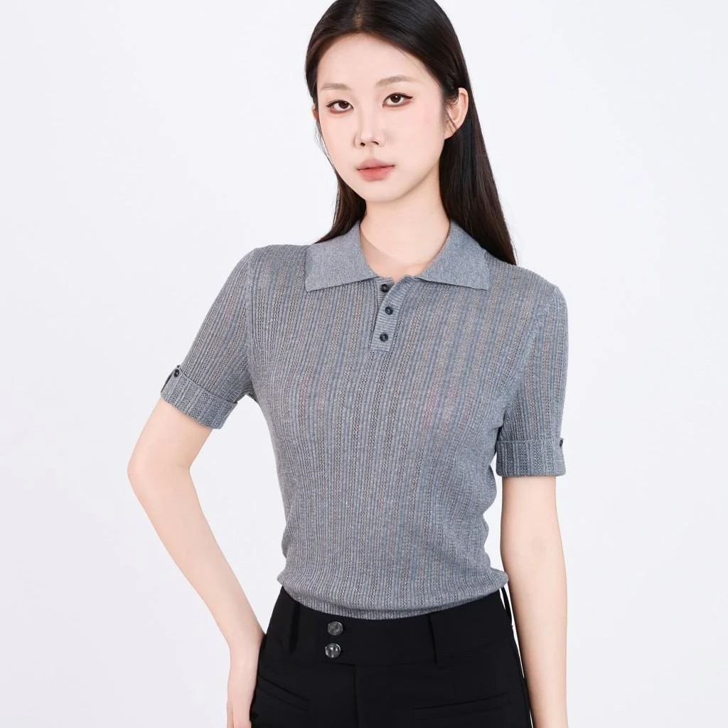 哥弟 女装新款POLO领抗皱百搭舒适休闲镂空短袖针织套头衫138024