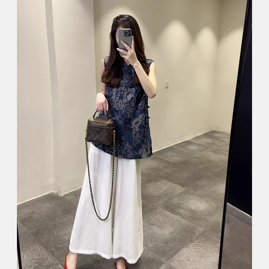 夏季气质一整套女装2025新款洋气无袖新中式上衣休闲阔腿裤两件套