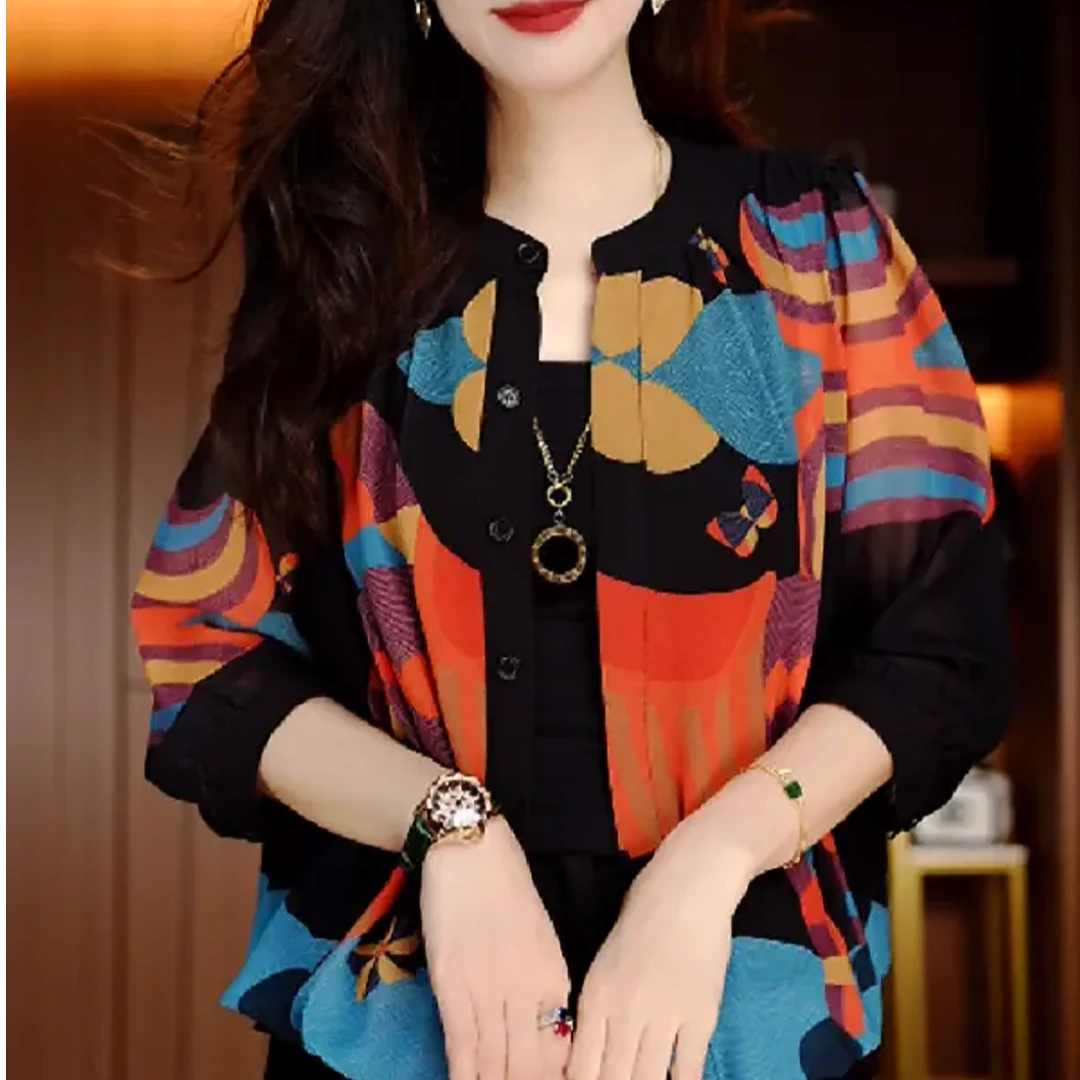 X 夏季新款洋气宽松显瘦优雅轻奢气质印花百搭小衫