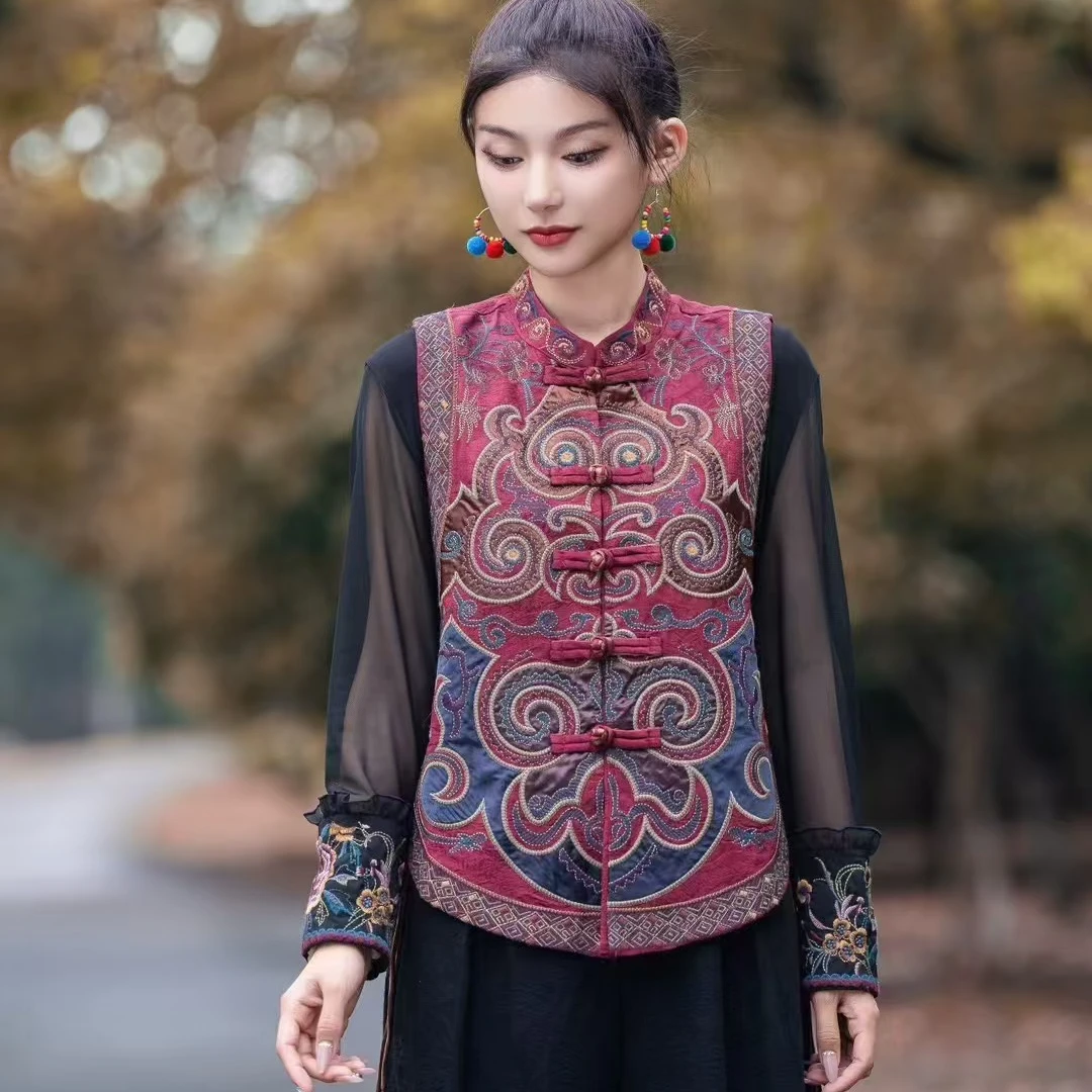 春秋宽松型无袖单排扣刺绣网红民族风百搭上衣时尚马夹中式提花