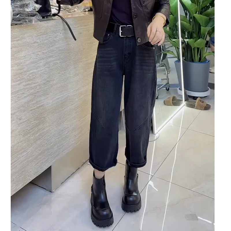 高腰显瘦直筒牛仔裤女2025秋季新款大码洋气百搭宽松九分老爹裤子