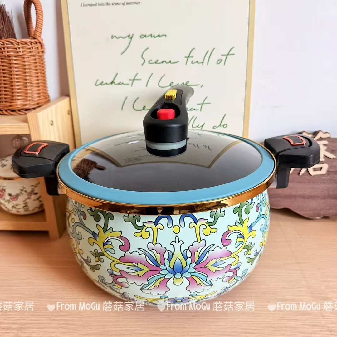 蘑菇家居绿钩莲27cm微压珐琅搪瓷锅炖锅炖汤压力锅高压锅汤锅加厚