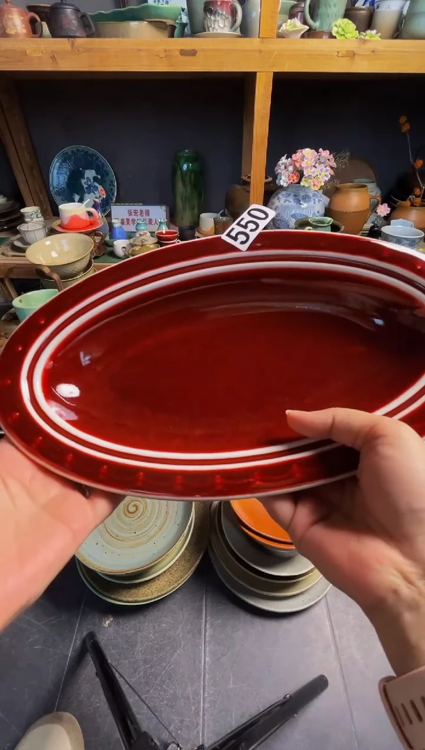 瓷片只**语550郎红雕刻鱼盘