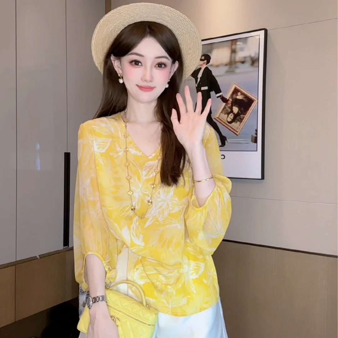 【丝芙玉禄】（F853）100%真丝双绉创意印花碎花宽松桑蚕丝t恤上衣