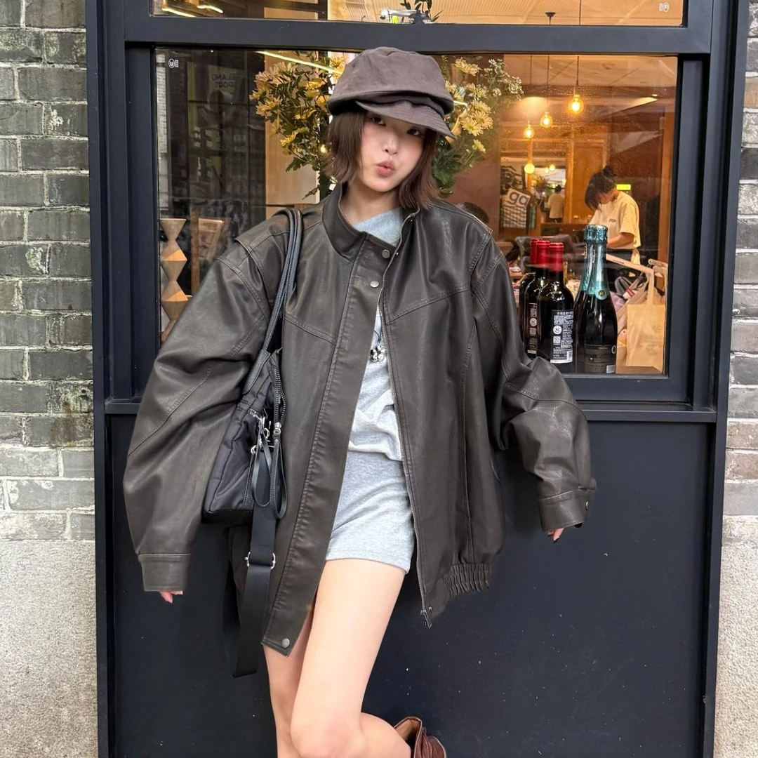 逸语IN choose u笑笑家2025秋季廓形做旧立领皮衣外套机车服89867