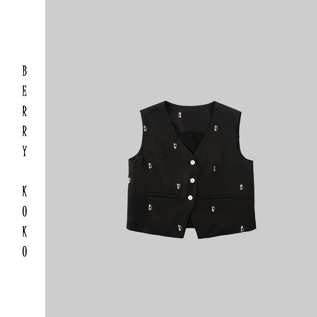 【MISSKO】复古款刺绣猫咪百搭显瘦马甲女时尚休闲气质马夹 J04