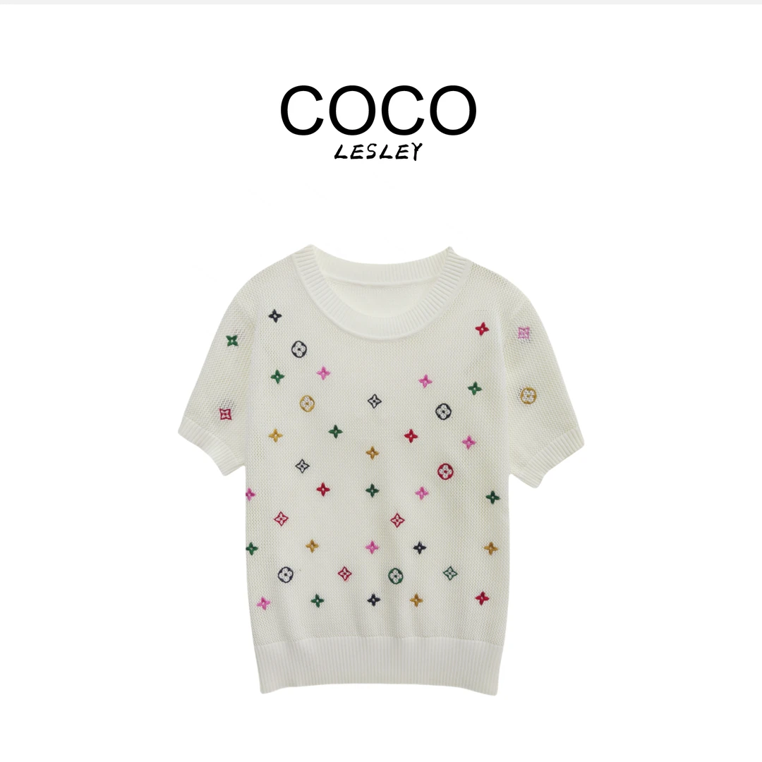 天丝亚麻时尚刺绣图案圆领短袖针织衫msl438