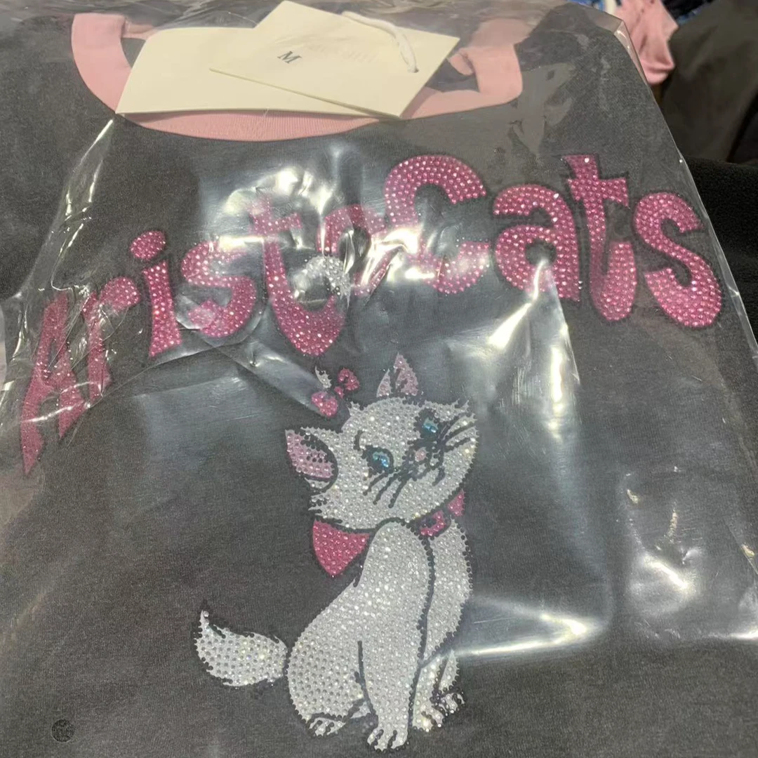 【W1018粉边灰色猫】2025年清新简约款女款短袖