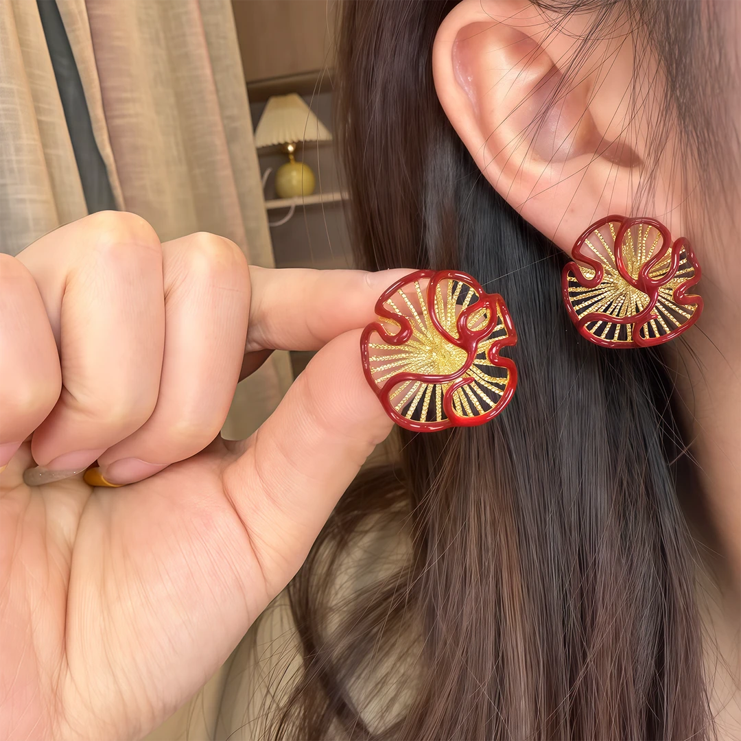 铜合金耳饰 红色滴油金属花朵耳钉女气质优雅设计感耳环耳饰