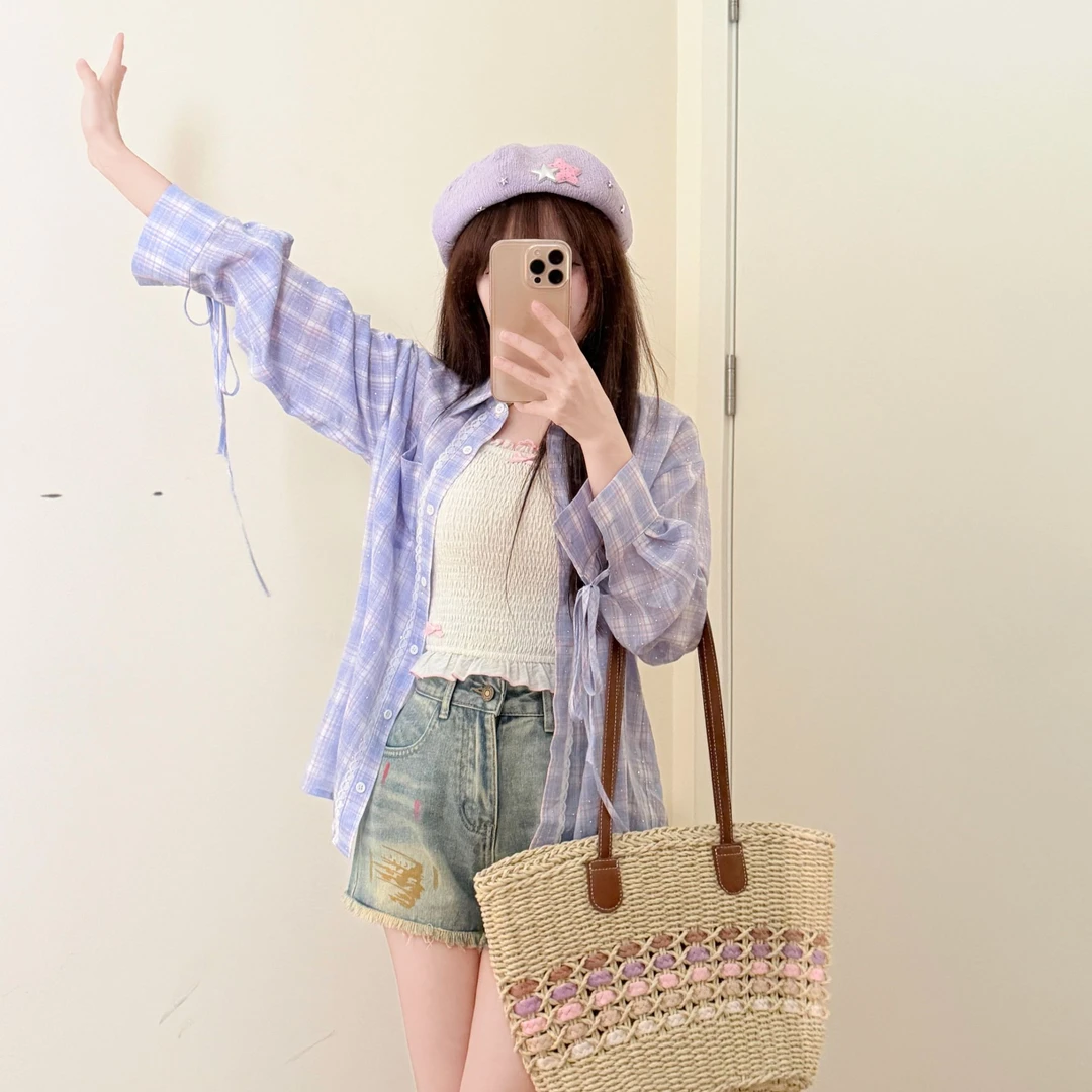 薄荷甜心紫 织物猪原创 甜美风格子长袖衬衫女夏小个子吊带牛仔裙