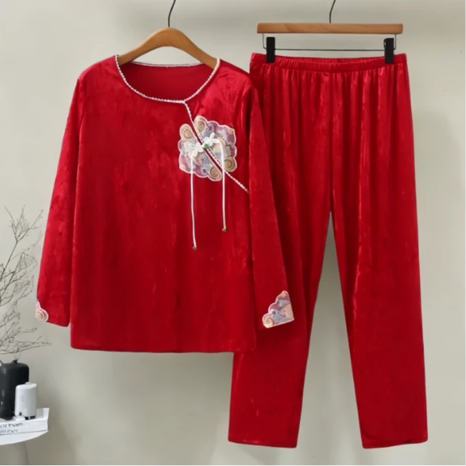 新中式国风珍珠睡衣长袖金丝绒家居两件套套装女