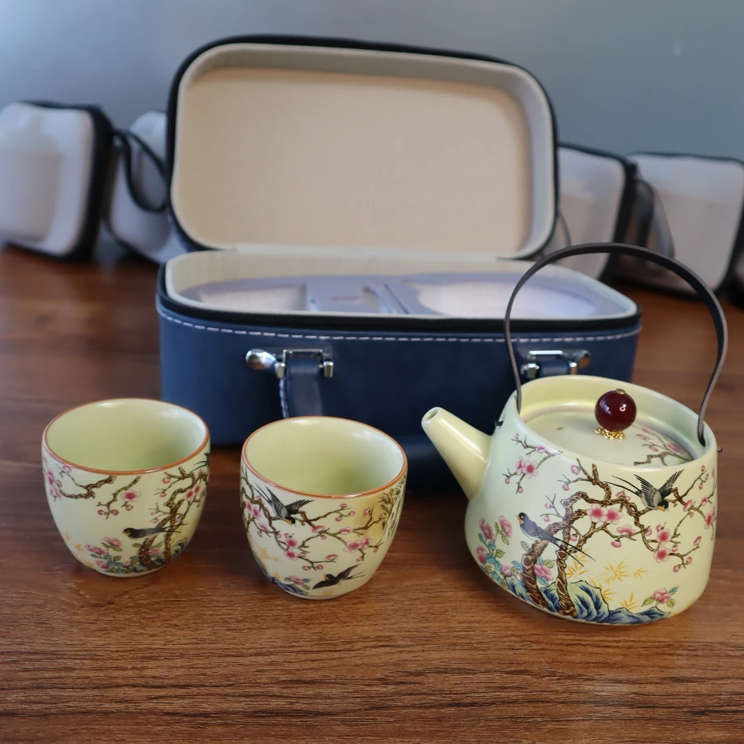 汝窑花鸟一壶两杯旅行套装茶具