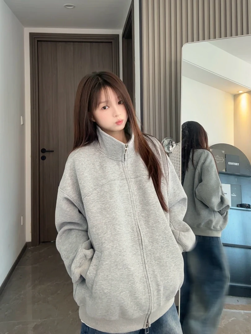 美式cleanfit纯色立领拉链外套男女秋2025新款复古宽松卫衣开衫