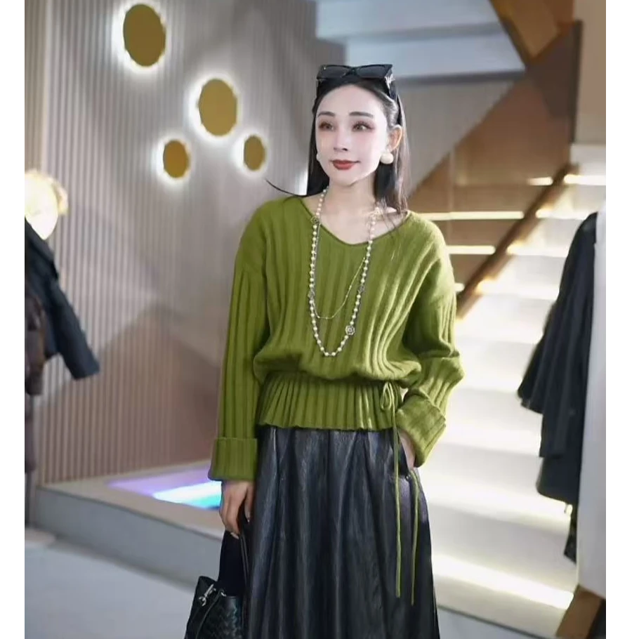 时尚百搭显瘦加厚坑条女士V领套头下摆抽绳打褶打底毛衣6W+q98265