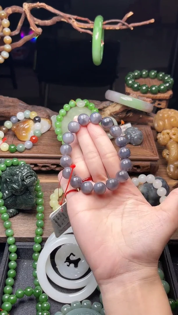 手串未镶嵌和田玉卡12青海烟紫 圆珠9007276