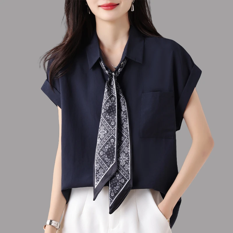 时尚设计感丝巾领带无袖衬衫女2025夏季新款洋气减龄宽松显瘦上衣
