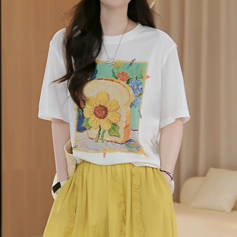 夏季显瘦时尚洋气新款小花图案短袖T恤上衣LK2505166