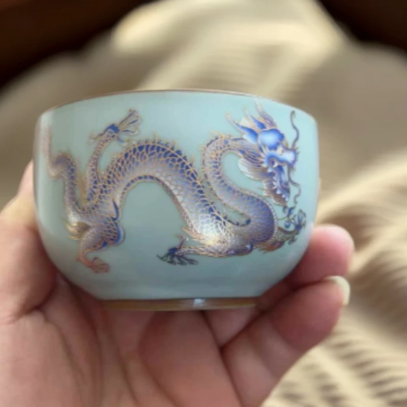 豆青汝窑龙腾盛世主人杯 3609