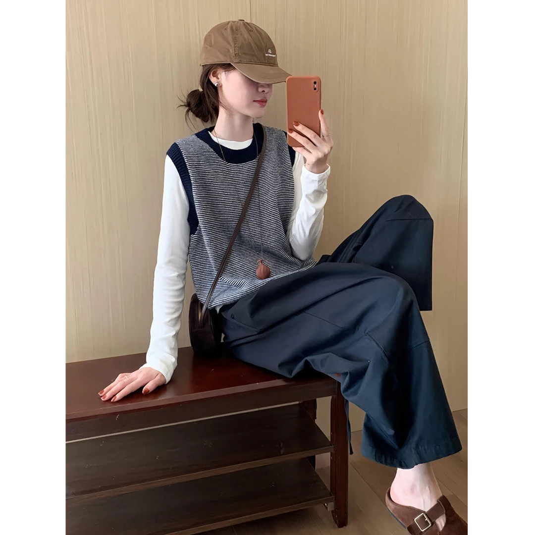 秋季高级感三件套软糯慵懒风减龄别致蓝色条纹针织毛衣马甲休闲裤