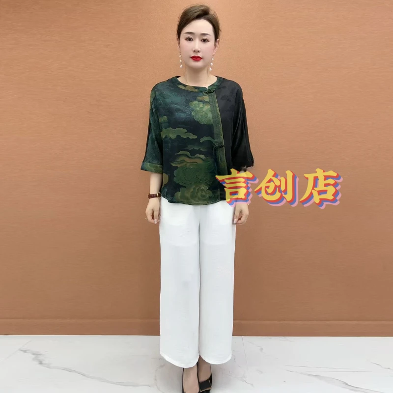 608夏季中老年女装套装真丝小衫T恤加肥加大码妈妈真丝上衣