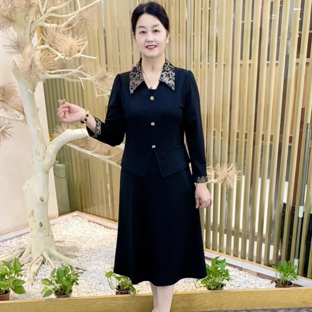 秋季新款妈妈装时尚洋气显瘦减龄气质中老年长袖拼接中长款连衣裙