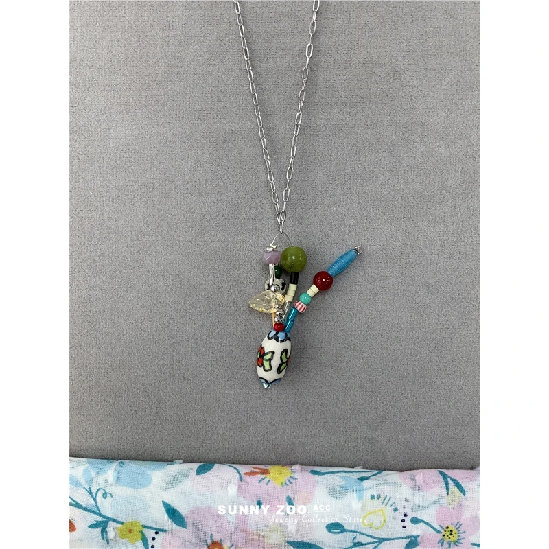 铜合金项链 屋后花瓶彩色陶瓷珠串珠长款项链颈链小众复古毛衣链