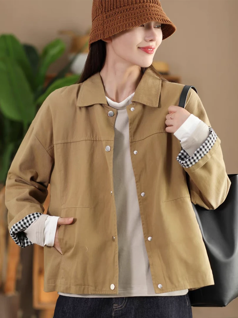 秋款复古100%棉挺括外套女休闲宽松开衫夹克外搭内里格纹短款风衣