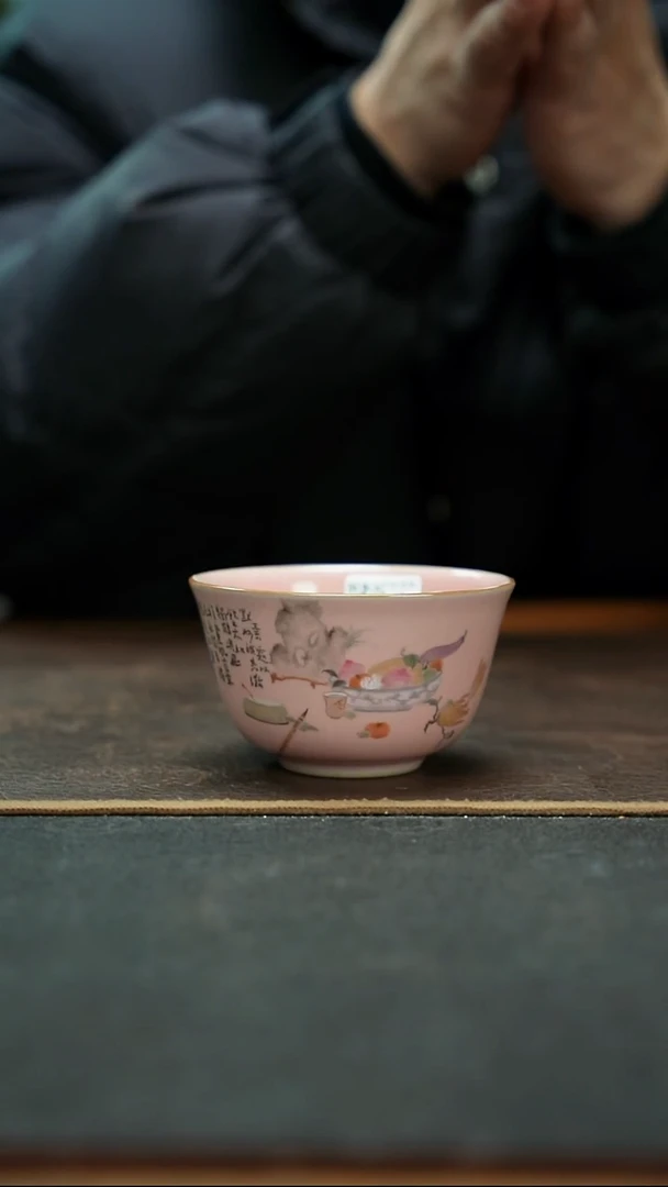 杯汝窑粉釉上手绘清供主人杯