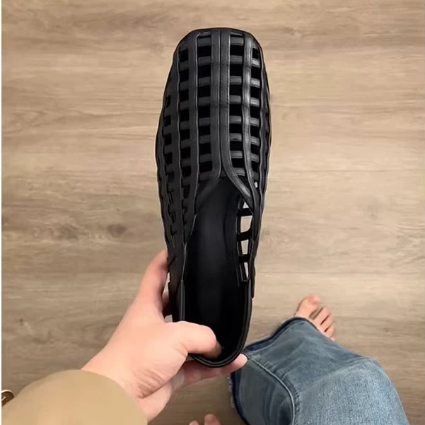 羊皮版~编织镂空洞洞鞋女2025夏季新款透气圆头凉鞋小众设计单鞋