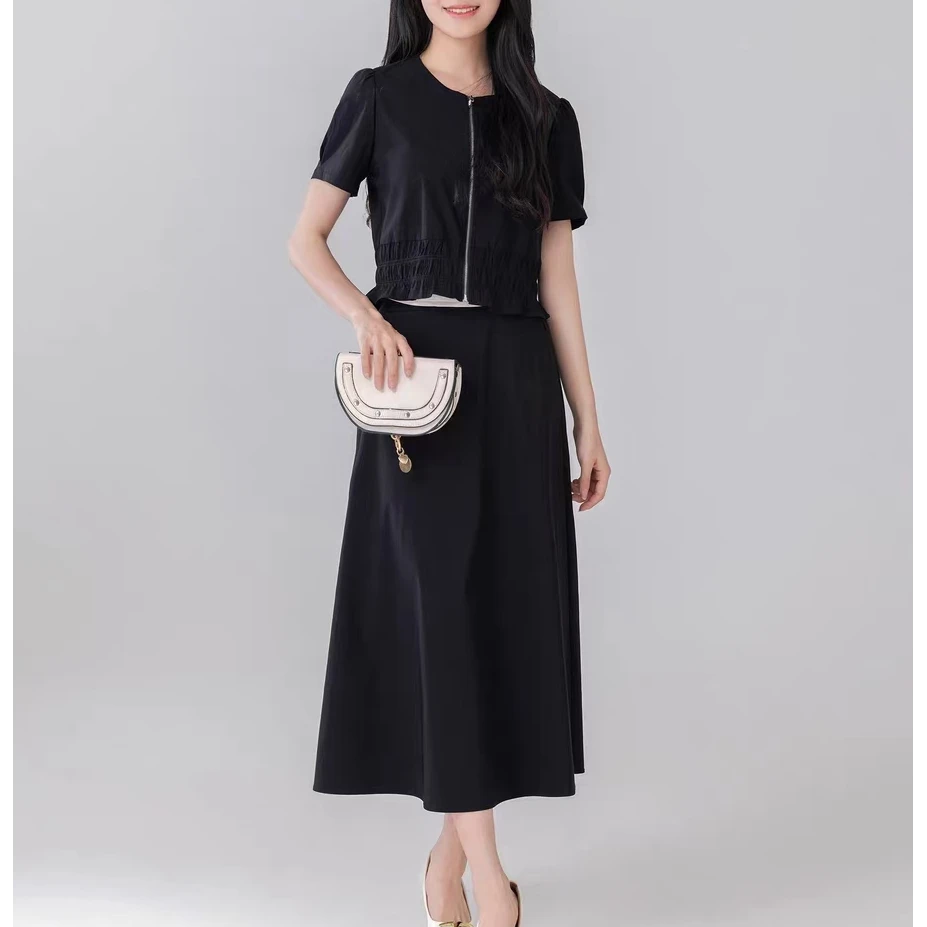 T765 时尚圆领纯色洋气简约显瘦气质百搭套裙JT