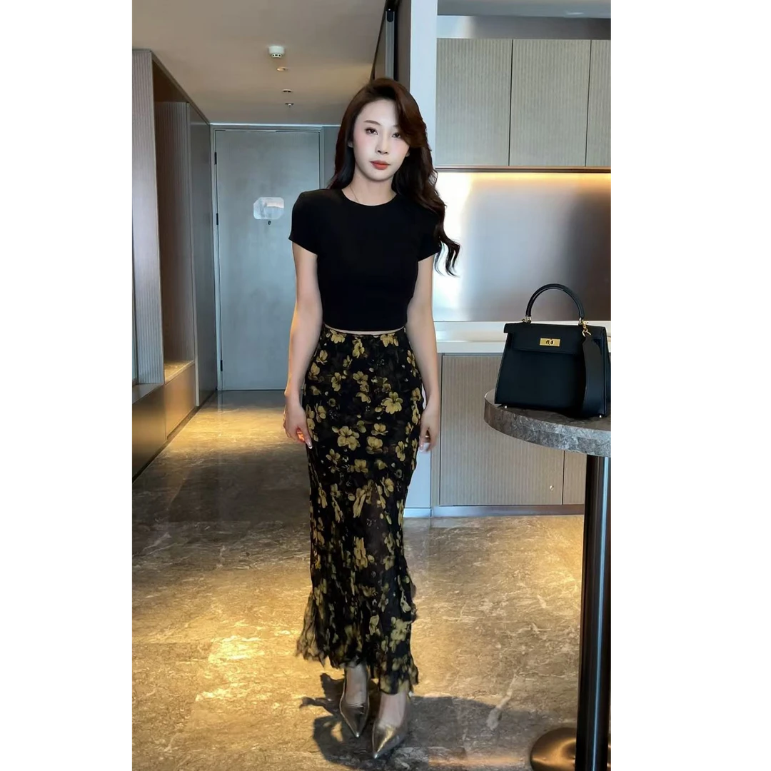 【梦婷家】复古度假风不规则碎花半身裙2025新款百搭长裙-2580