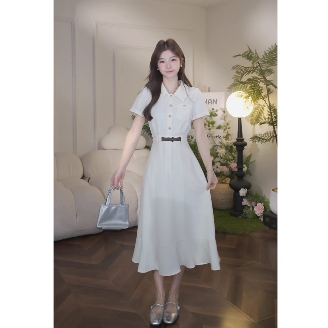 鹿向南【棉花云朵】夏季新款韩系简约通勤时尚收腰显瘦连衣裙女