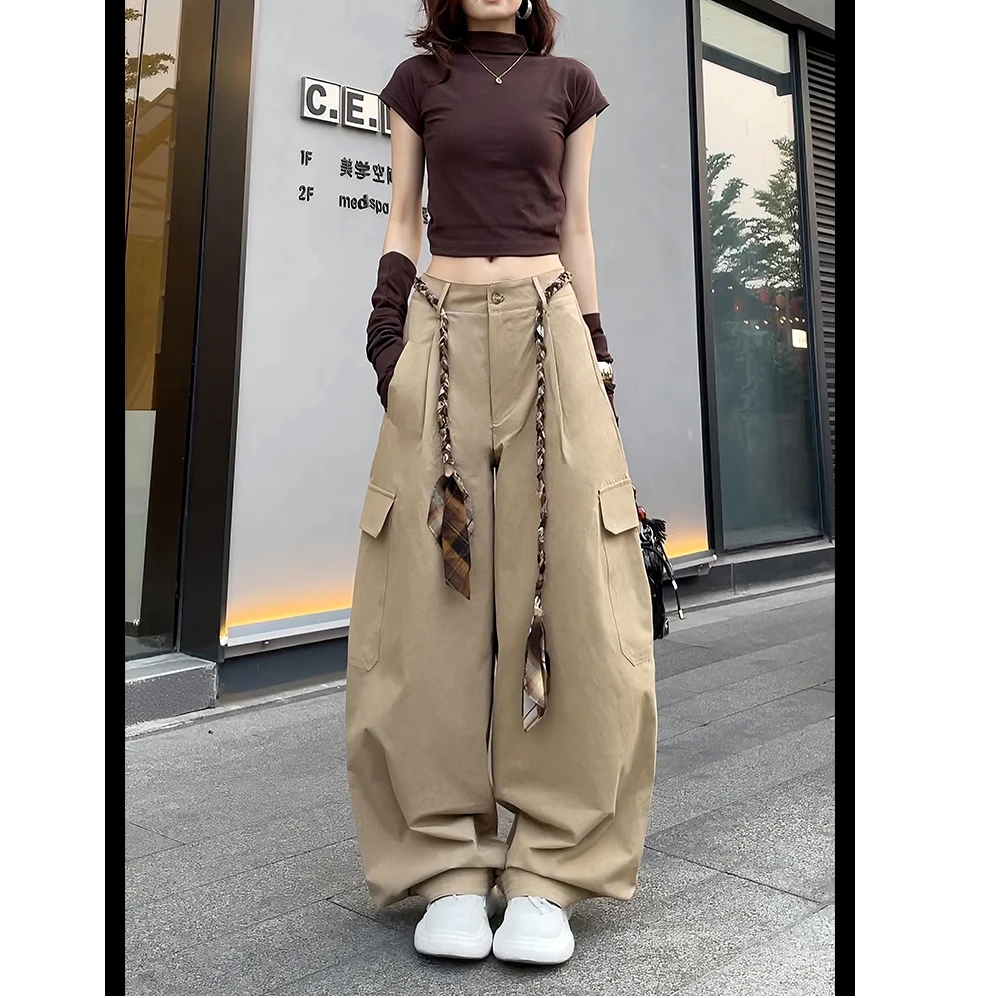 【送腰带】美式高街工装裤女高腰麻花抽绳垂感宽松显瘦休闲阔腿裤