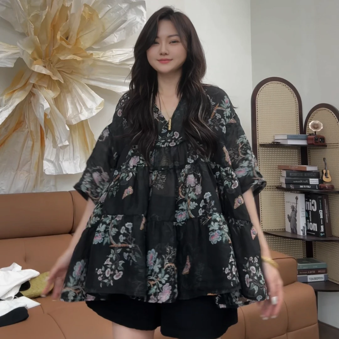 museguhui/木色古汇0002#印花V领休闲气质时尚百搭夏季娃娃衫