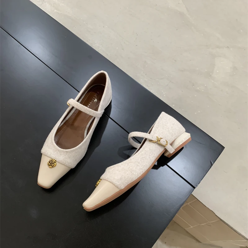 尖头浅口法式粗跟玛丽珍鞋2025年新年春季新款软底半拖单鞋女