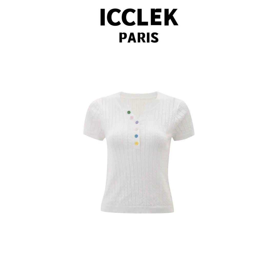 ICCLEK 夏季白色圆领短袖针织衫休闲百搭气质多色纽扣上衣 - 5399