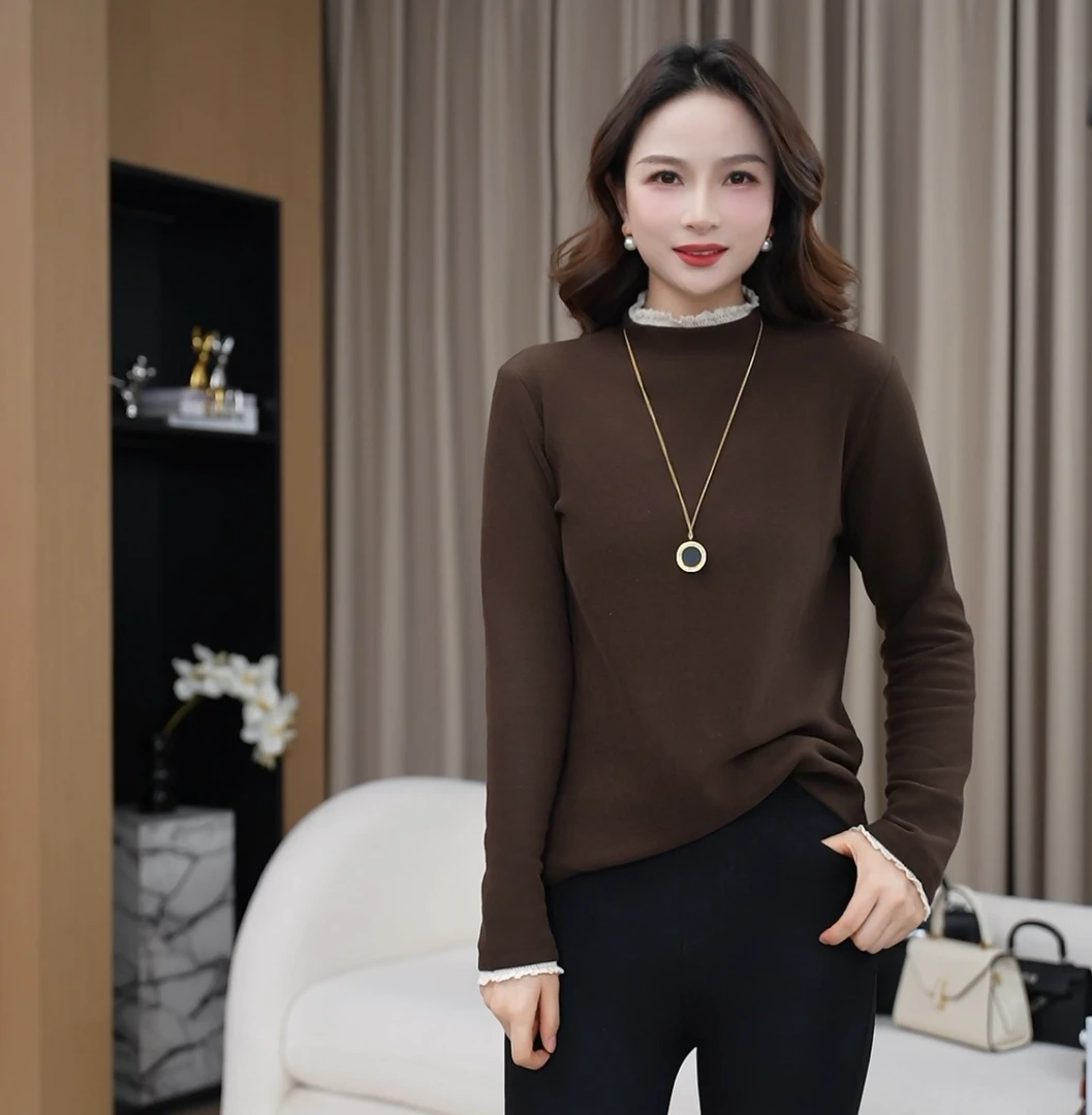 【内在美】蕾丝拼接加厚高克重纯色德绒上衣