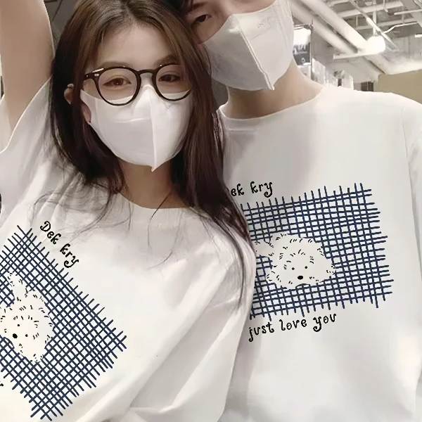 100%纯棉美式网格小狗印花短袖T恤男女夏百搭休闲情侣学生上衣潮