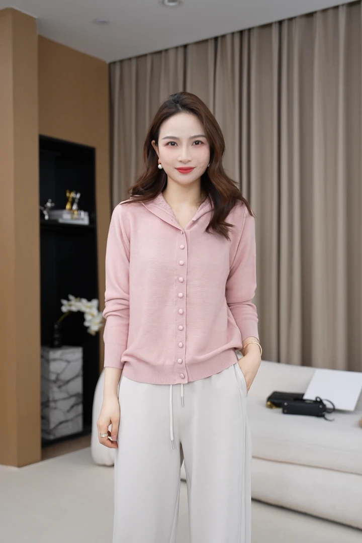 【美轮美奂】钩花镂空连帽纯色包扣气质针织开衫