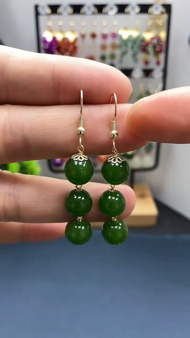 【闪购商品】和田玉耳饰银S925镀金镶嵌尺寸10mm连珠