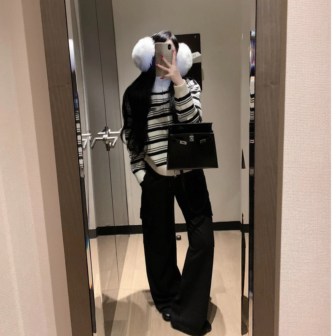 毛针织衫上衣长袖条纹开衫洋气休闲百搭性感辣妹宽松长裤时尚套装
