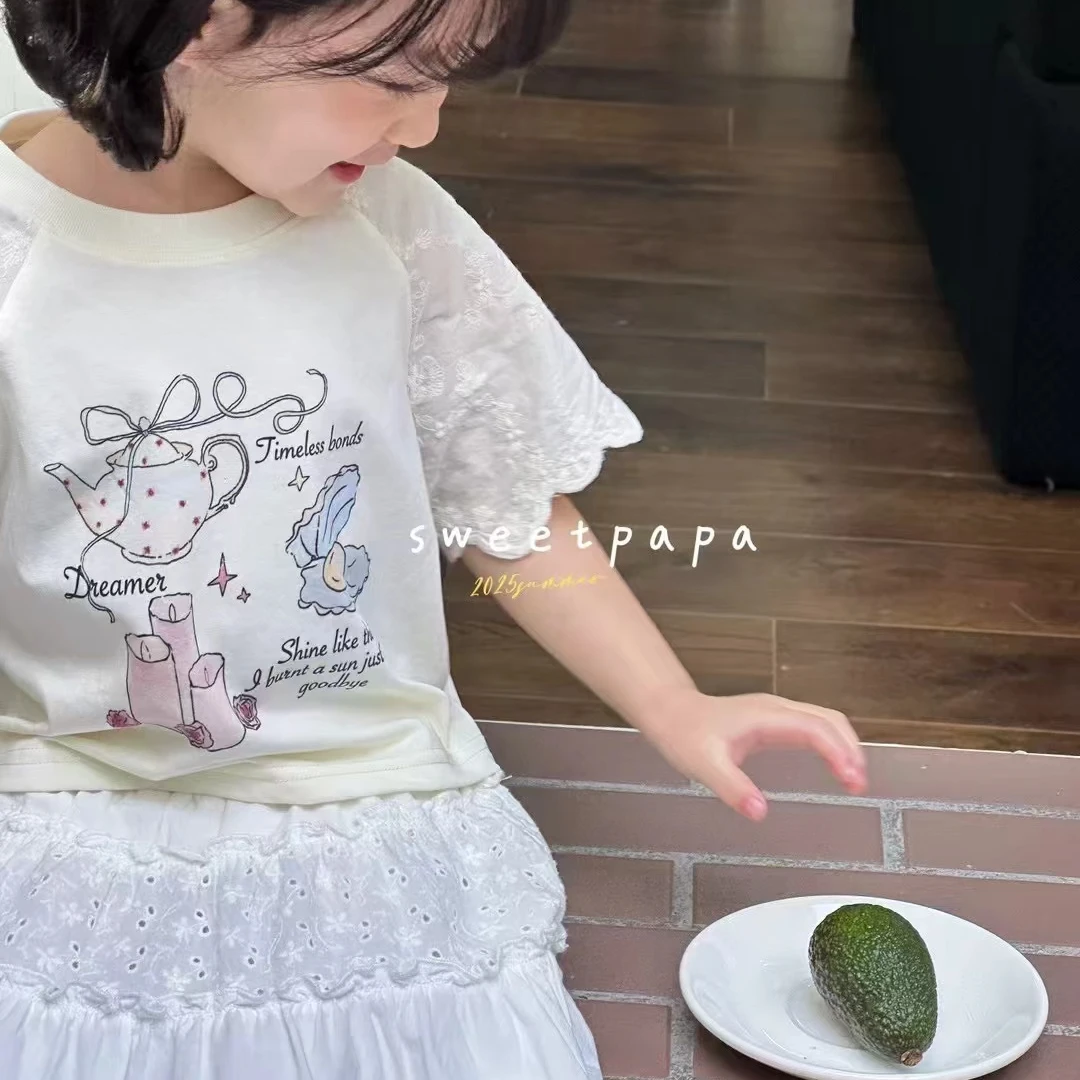 夏季女童花边袖短袖T恤